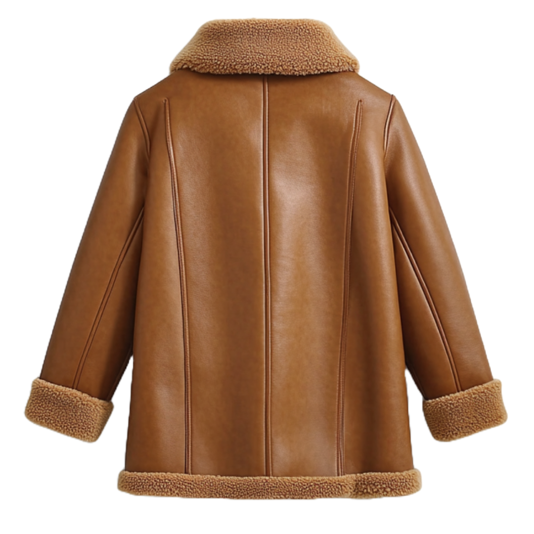 Women's Brown Leather Sherpa Jacket - Cozy & Chic