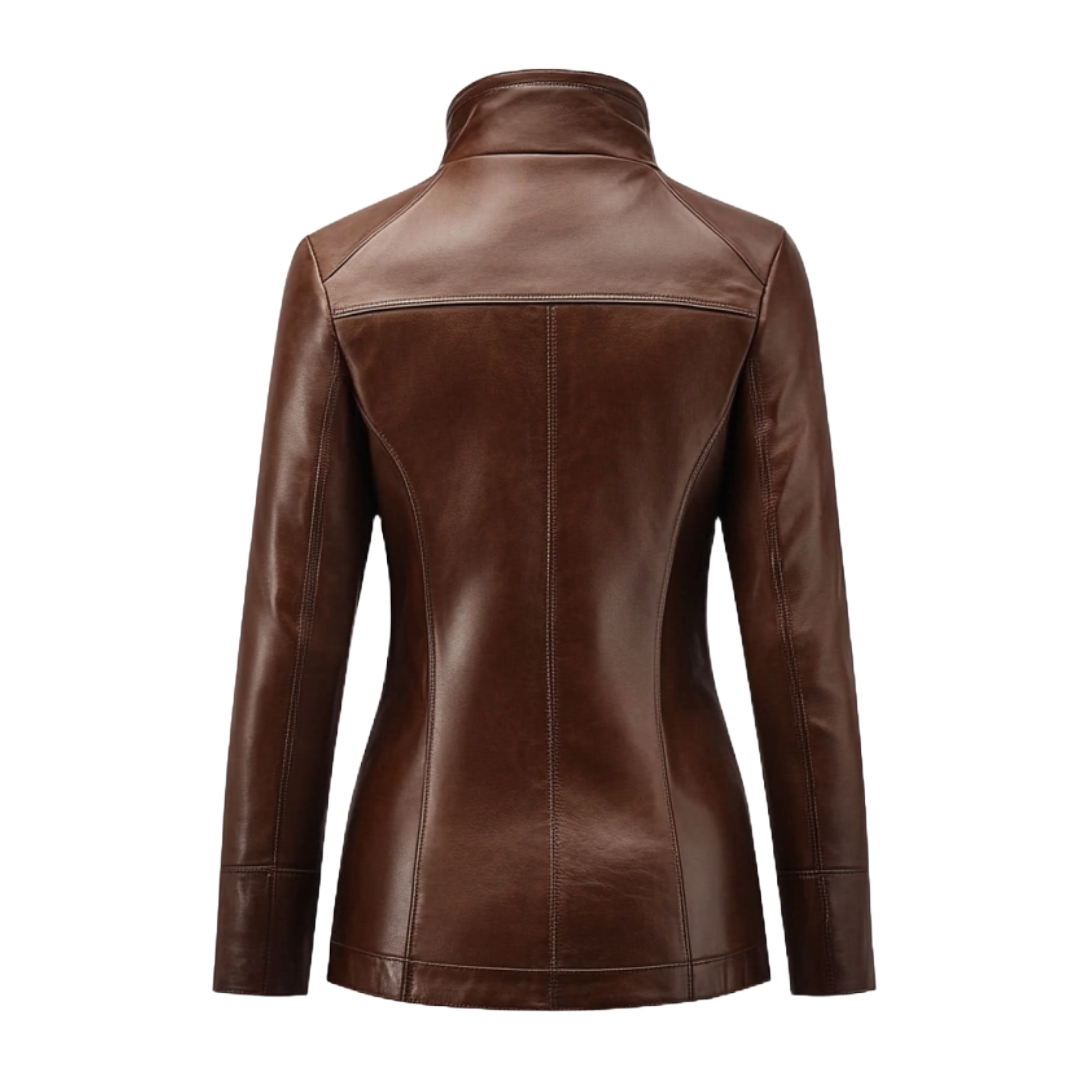 Women's Dark Brown Fitted Leather Jacket with High Collar – Sleek & Stylish Outerwear