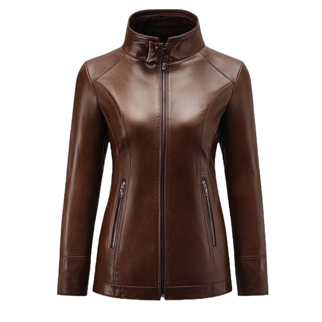 Women's Dark Brown Fitted Leather Jacket with High Collar – Sleek & Stylish Outerwear