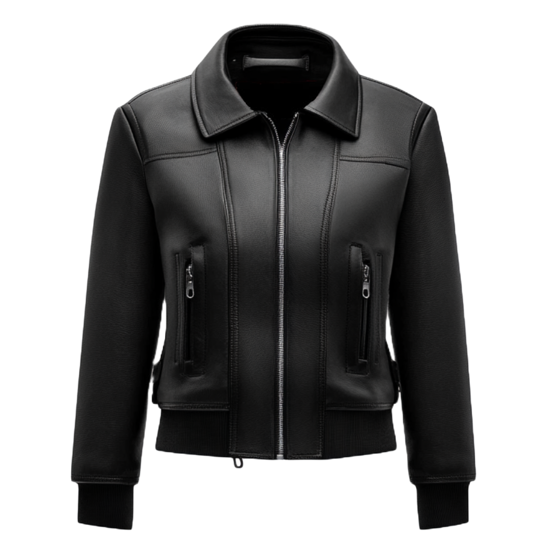 Elegant Women's Genuine Leather Jacket with Zip Pockets