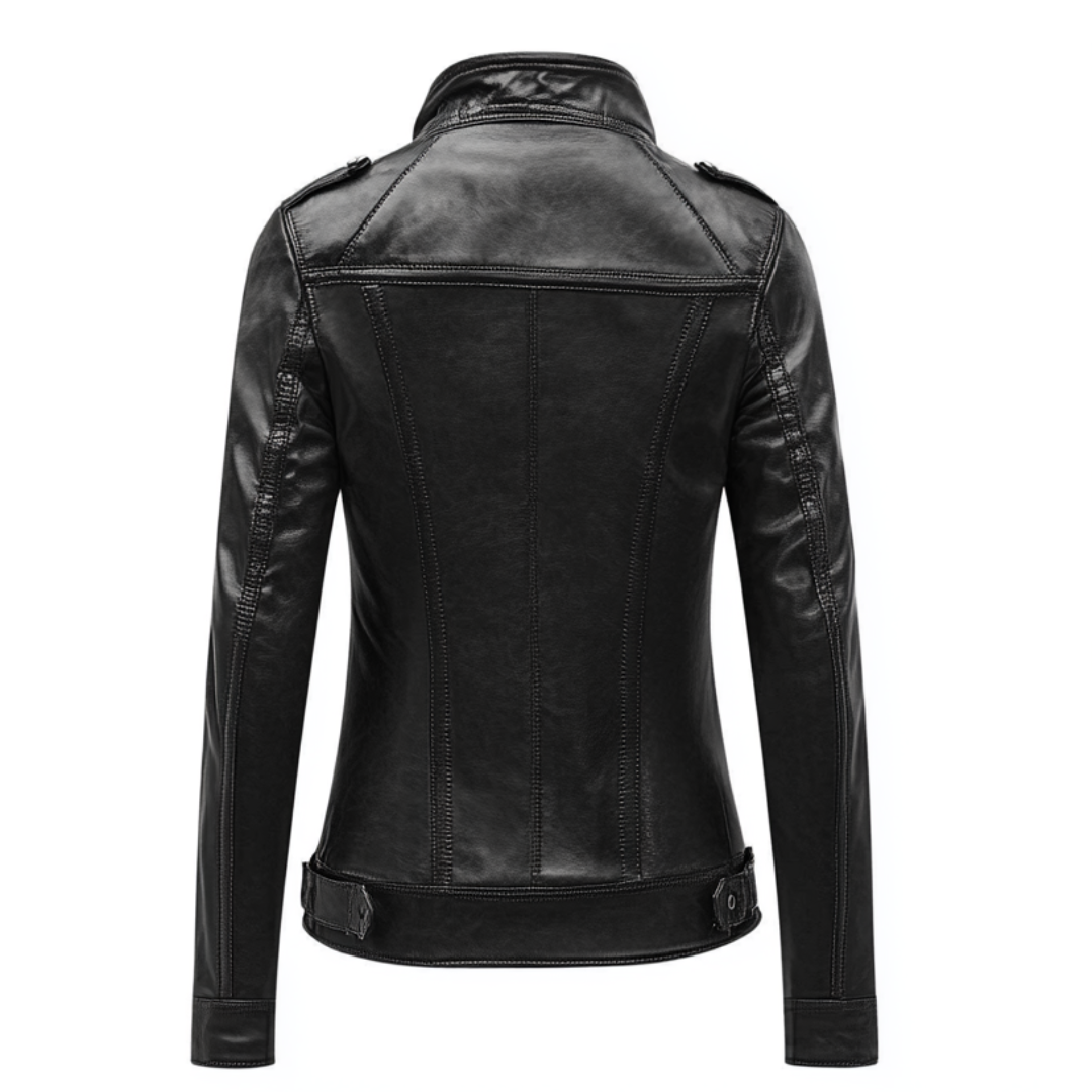 Women's Black Genuine Leather Moto Jacket with Sleek Detailing