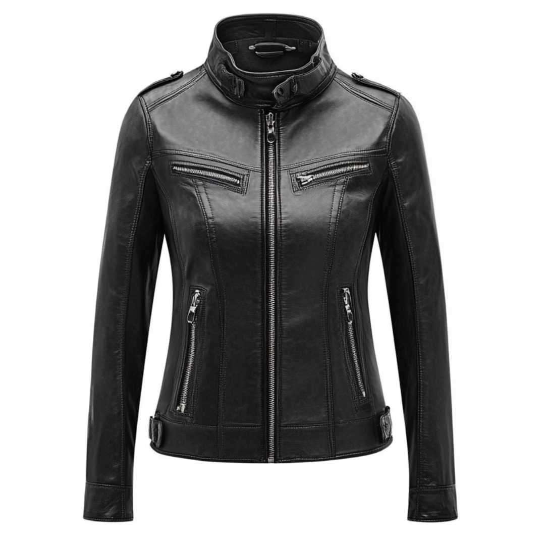 Women's Black Genuine Leather Moto Jacket with Sleek Detailing