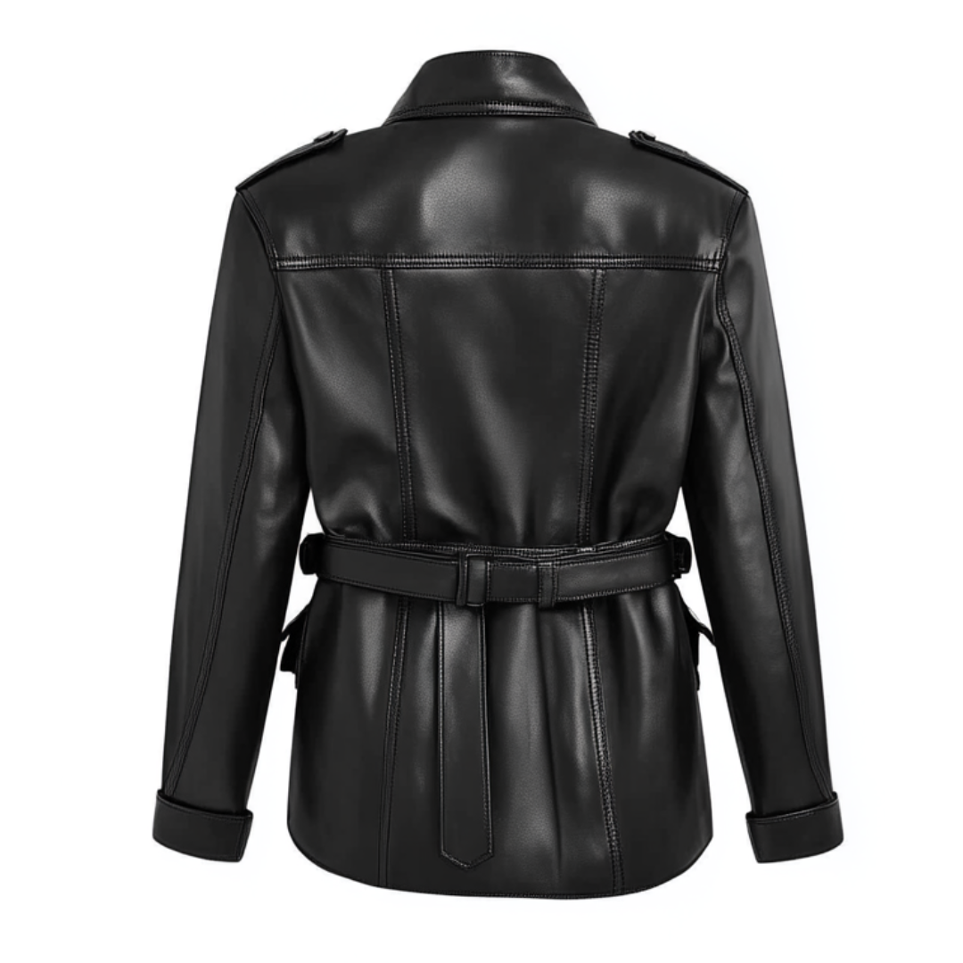 Women's Genuine Leather Belted Utility Jacket - Stylish Military Look