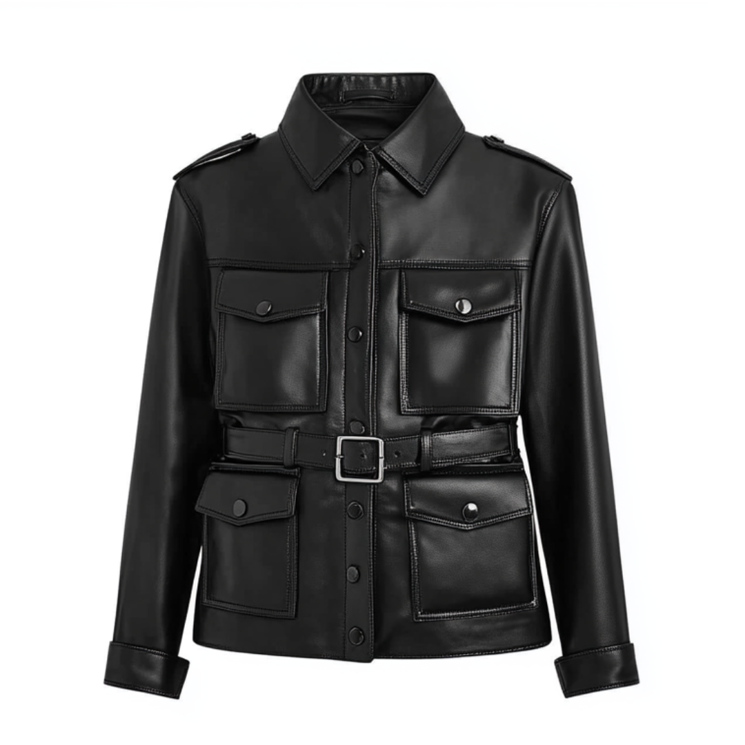 Women's Genuine Leather Belted Utility Jacket - Stylish Military Look