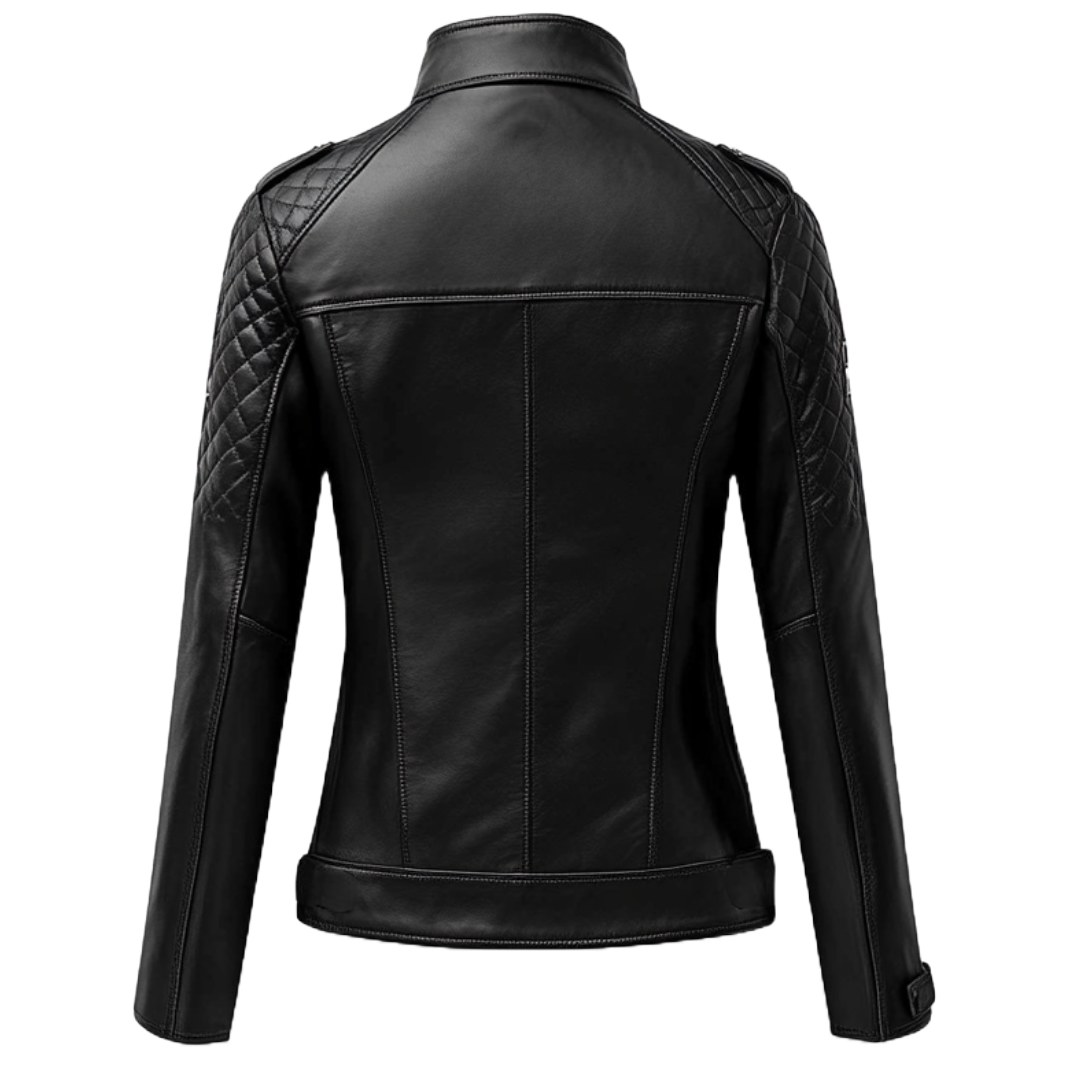 Women's Real Leather Quilted Biker Jacket - Sleek Black