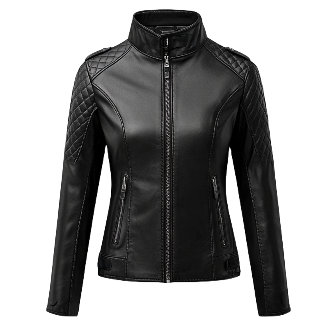 Women's Real Leather Quilted Biker Jacket - Sleek Black