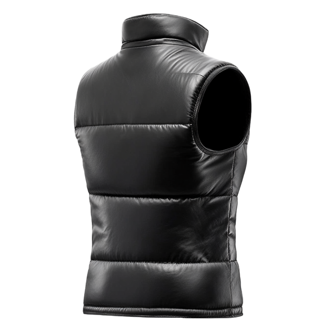 Women's Real Leather Puffer Vest - Sleek Black Insulated Design