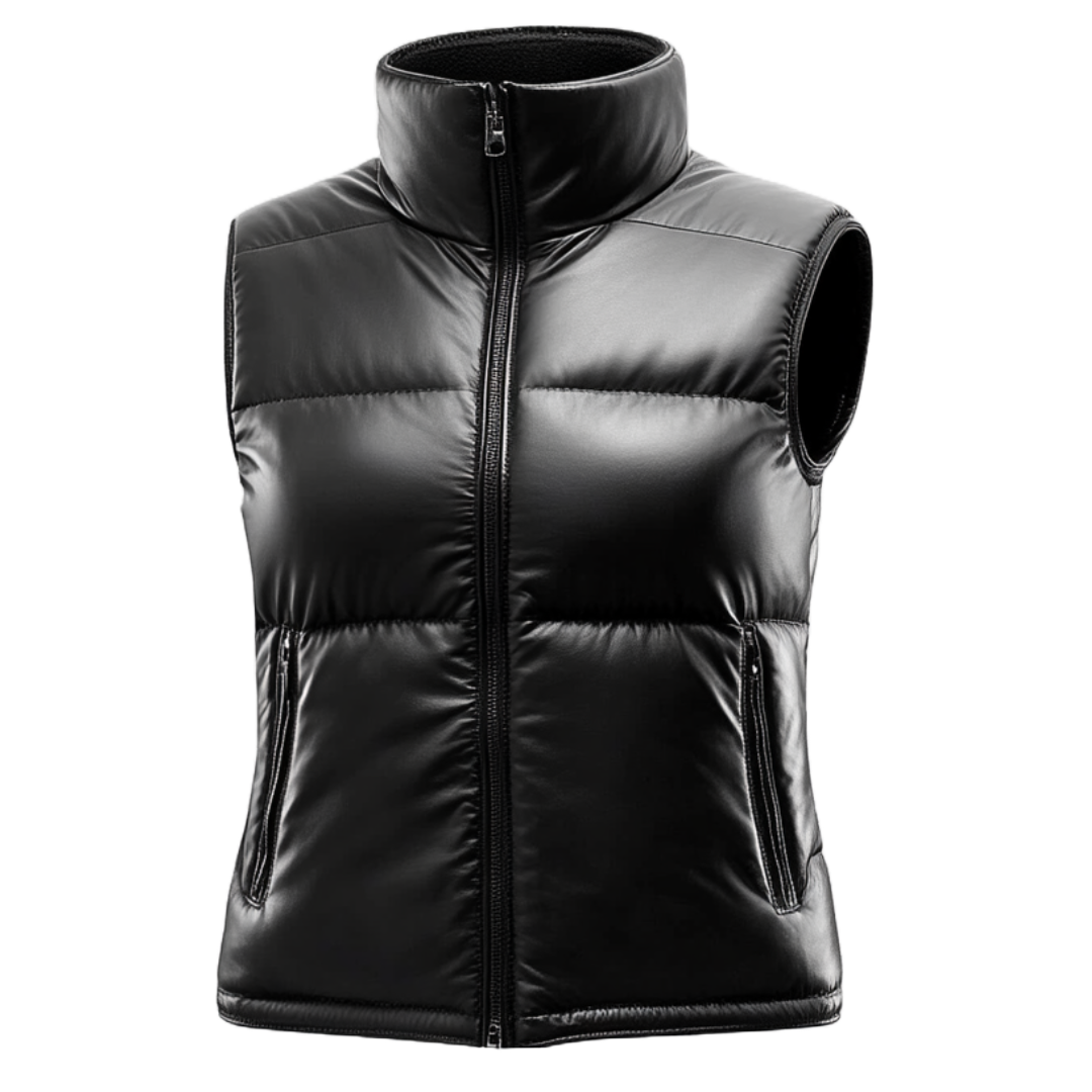 Women's Real Leather Puffer Vest - Sleek Black Insulated Design