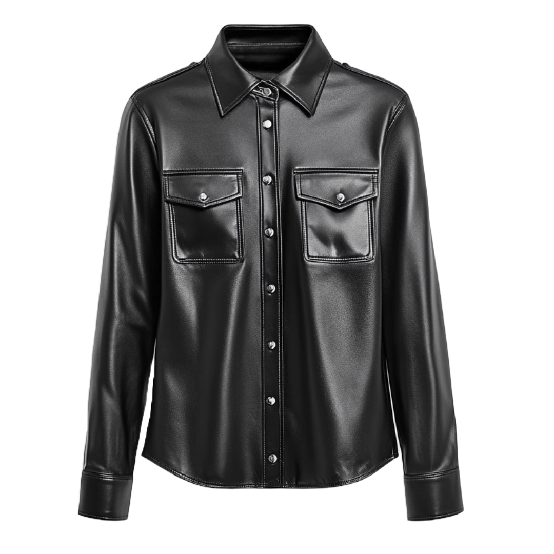 Sleek Women's Black Leather Shirt Jacket