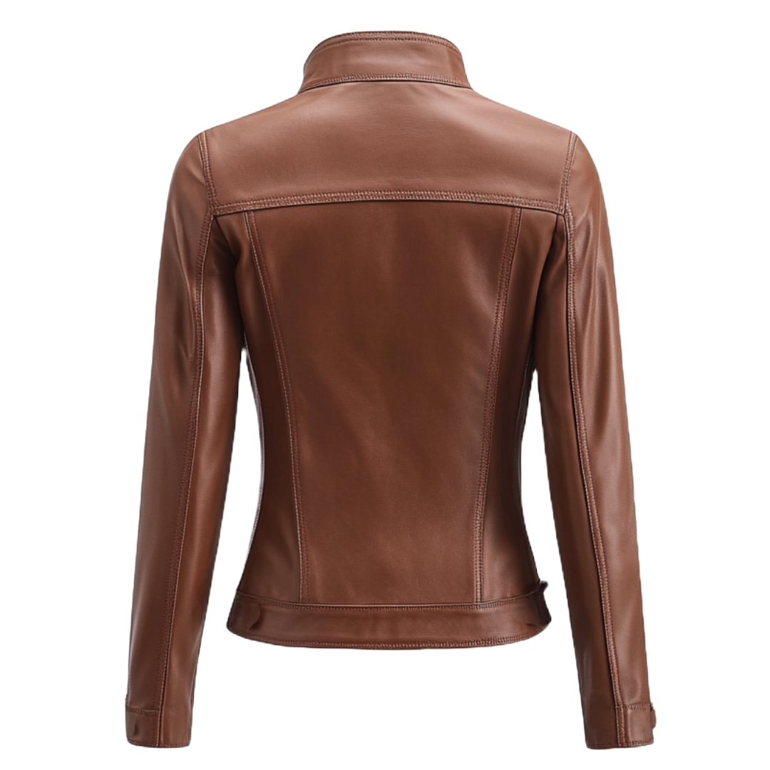 Elegant Brown Women's Real Leather Jacket with Stand Collar