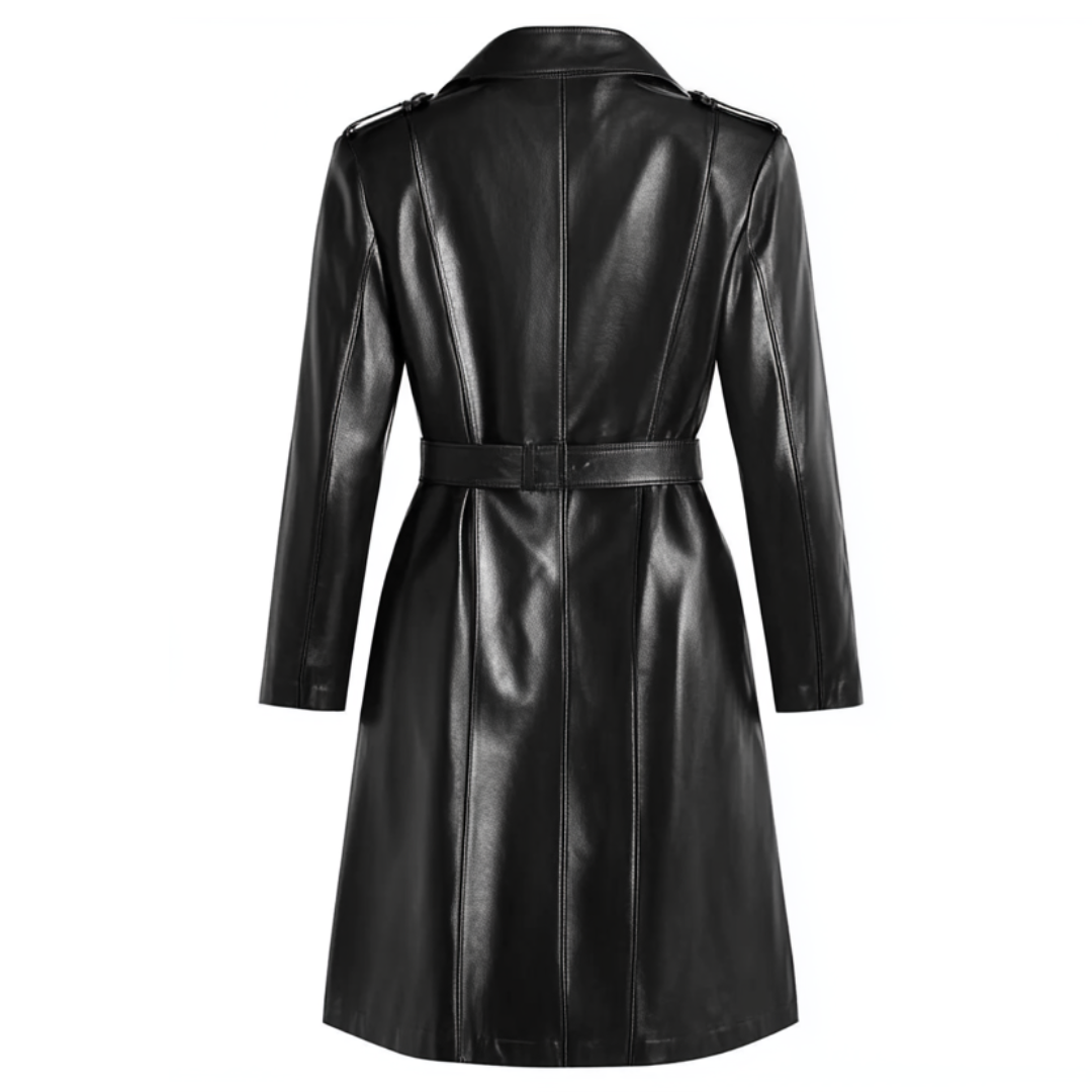 Sleek Black Women's Leather Trench Coat