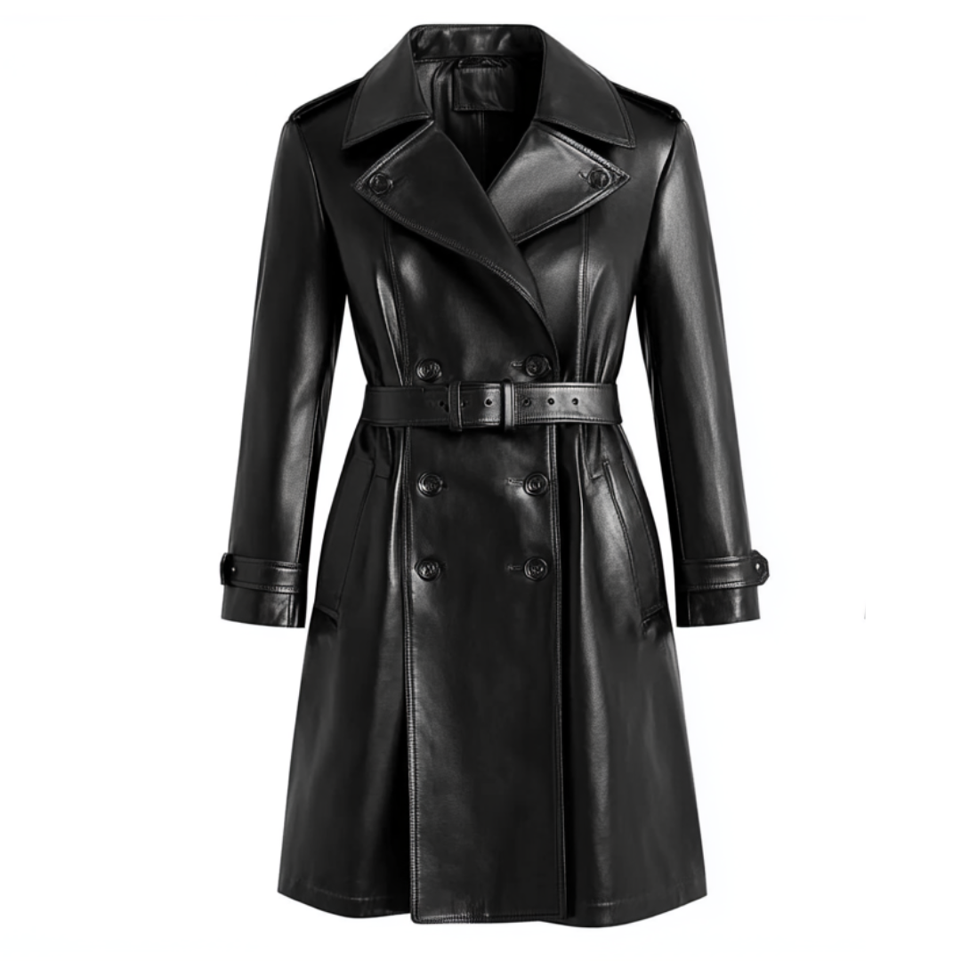 Sleek Black Women's Leather Trench Coat