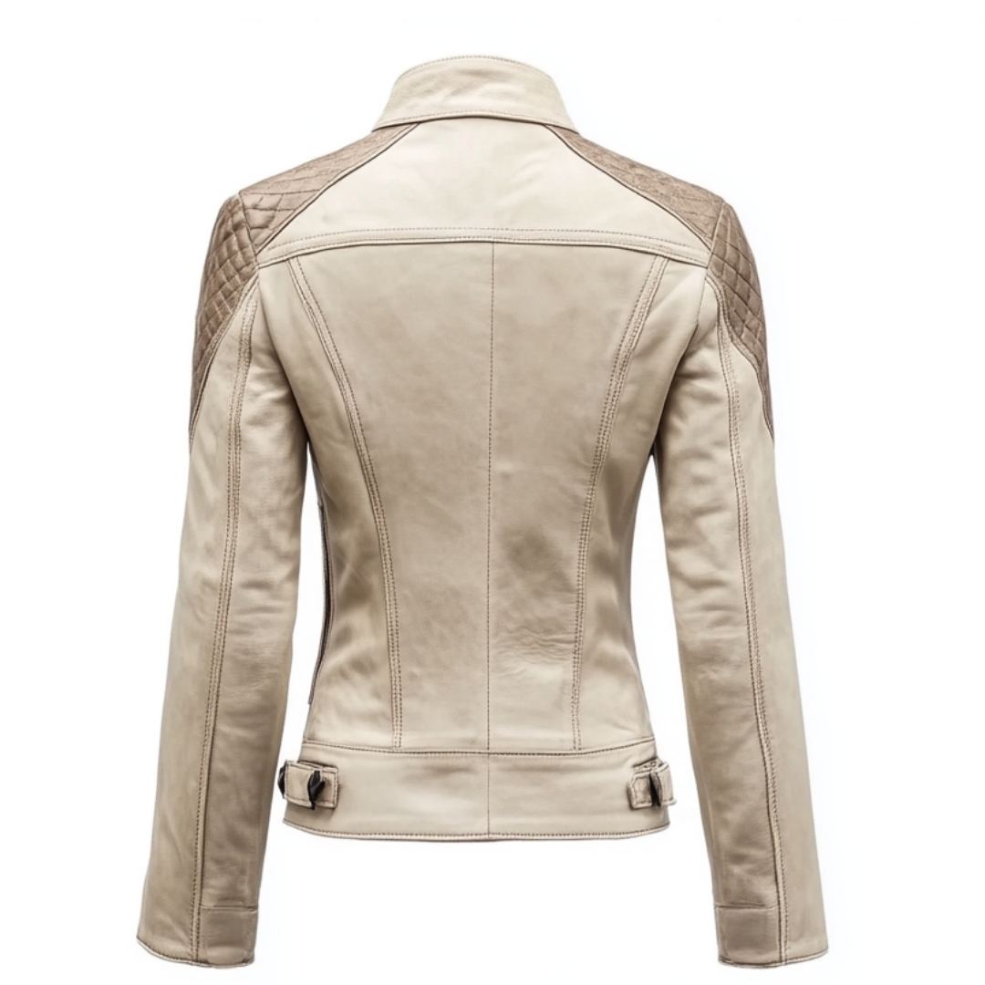 Women's Real Leather Quilted Shoulder Beige Biker Jacket