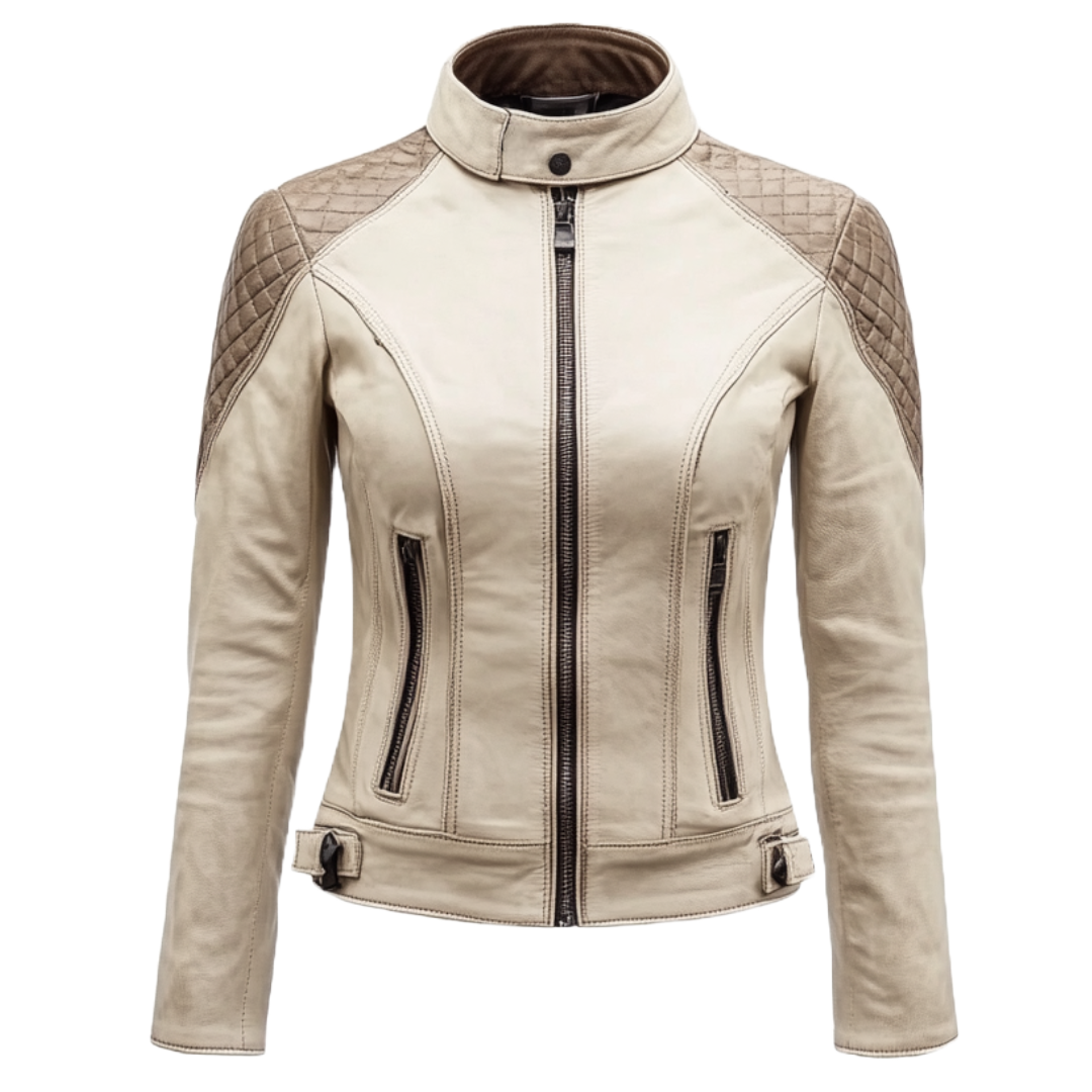 Women's Real Leather Quilted Shoulder Beige Biker Jacket