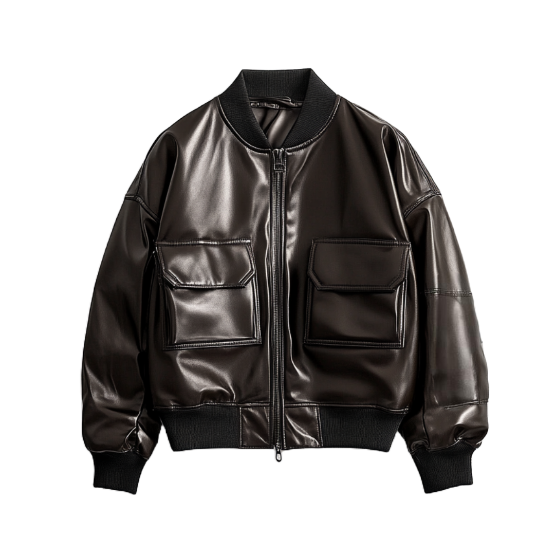 Women's Real Leather Bomber Jacket – Glossy Black with Dual Front Pockets