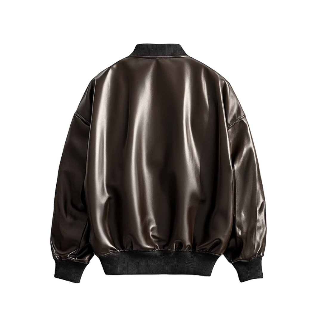 Women's Real Leather Bomber Jacket – Glossy Black with Dual Front Pockets