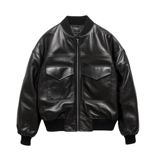 Women's Classic Black Leather Bomber Jacket