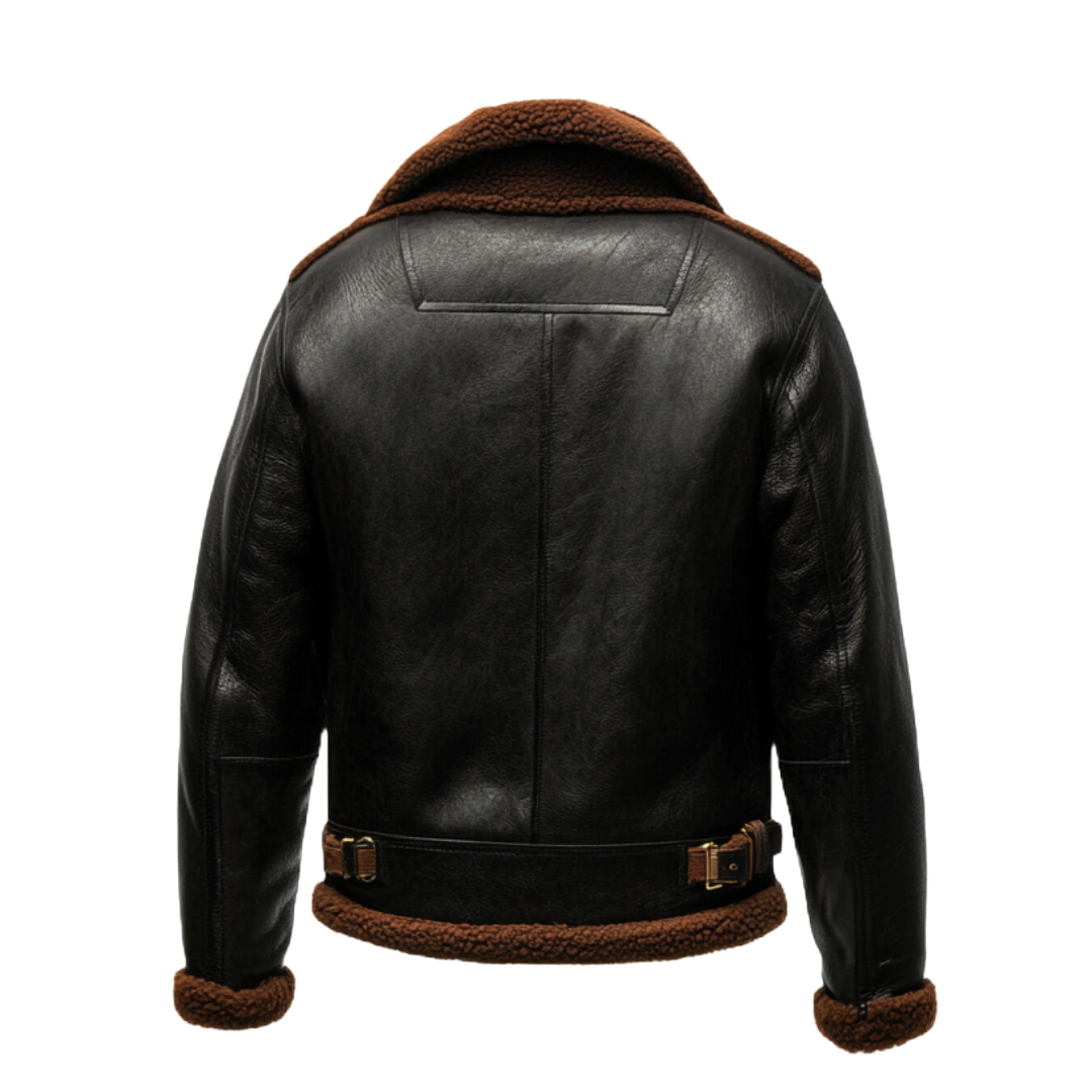 Women's Shearling-Lined Black Real Leather Aviator Jacket