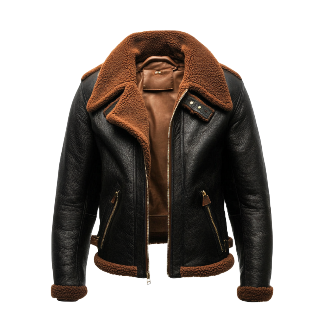 Women's Shearling-Lined Black Real Leather Aviator Jacket