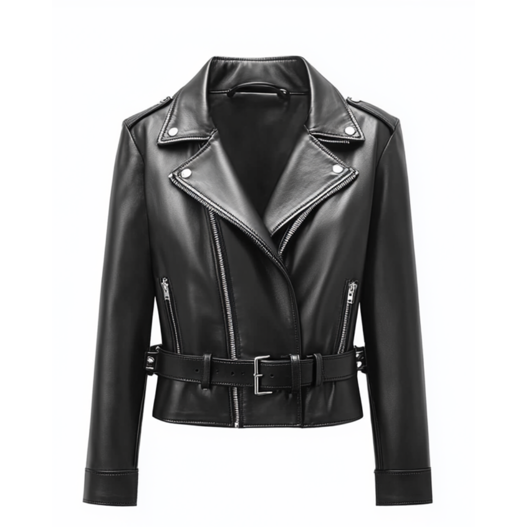 Women's Classic Black Leather Biker Jacket - Real Leather with Belted Waist