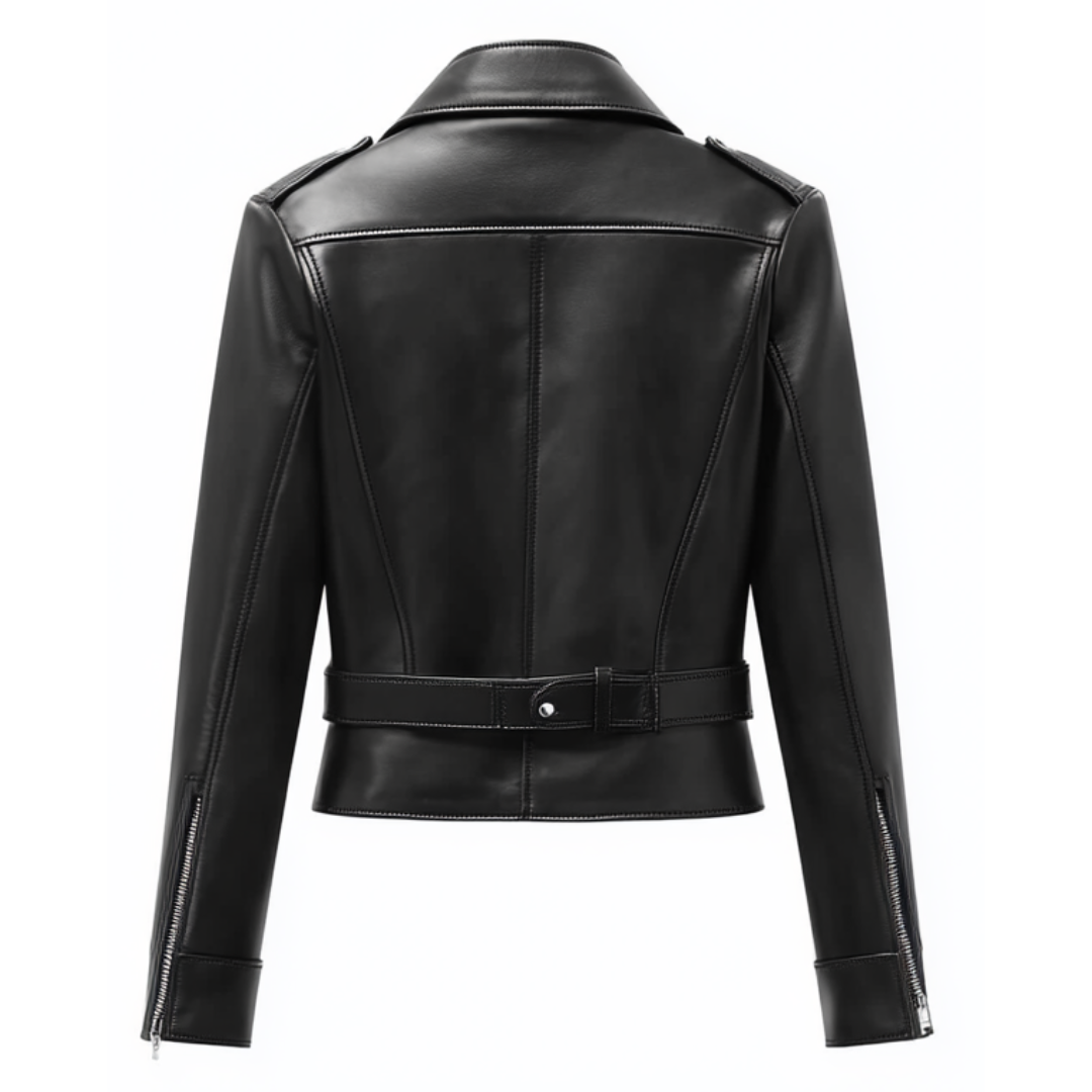 Women's Classic Black Leather Biker Jacket - Real Leather with Belted Waist