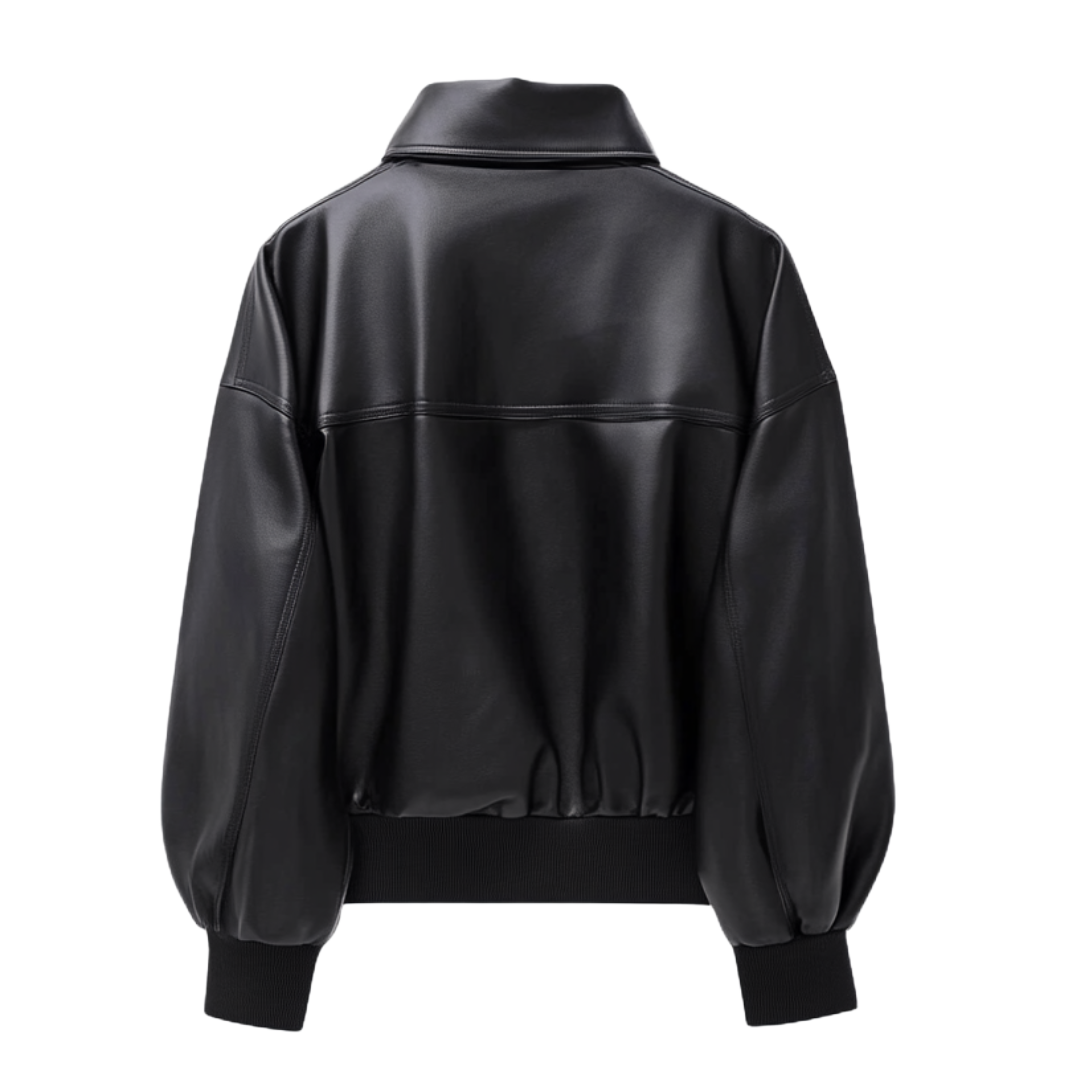 Women's Real Leather Oversized Bomber Jacket with Utility Pockets