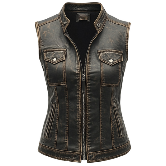 Vintage-Inspired Women's Distressed Black Leather Vest