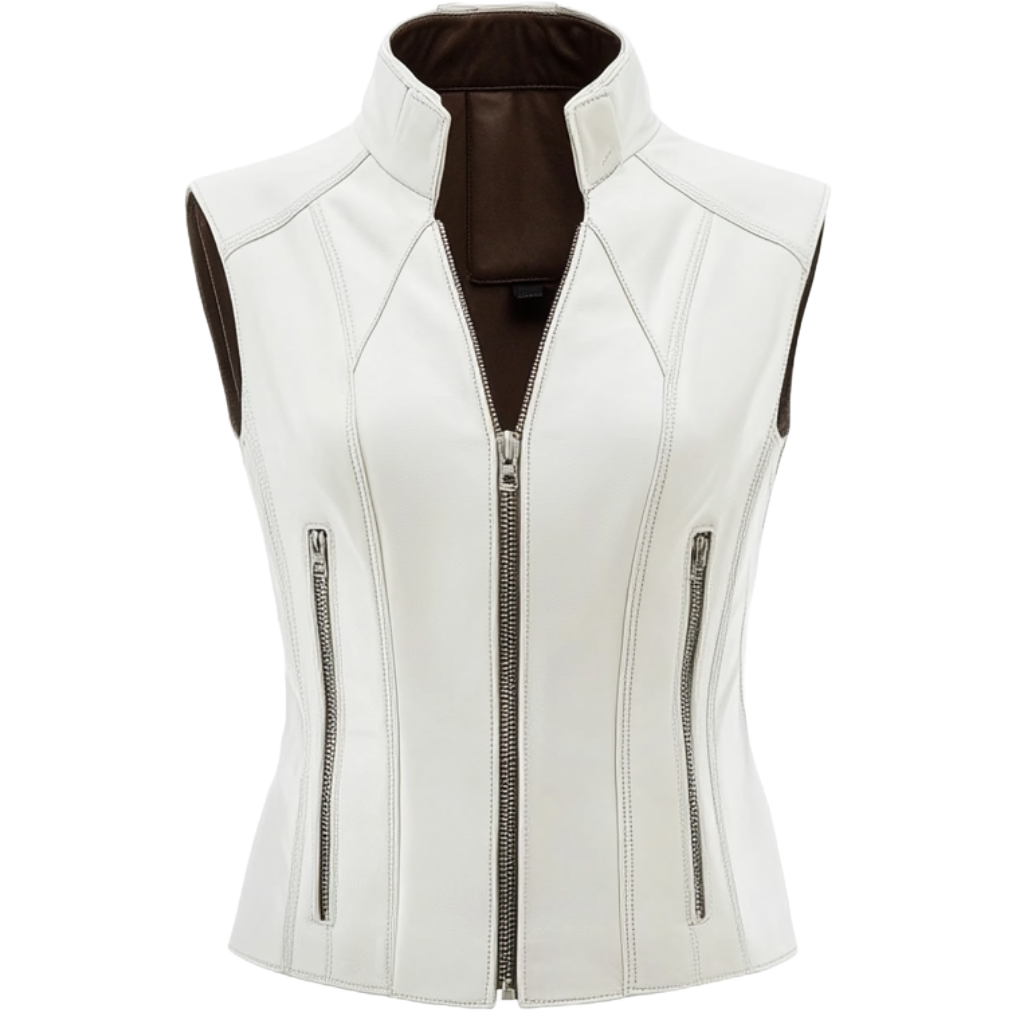 Women's Sleek White Leather Vest with High Collar