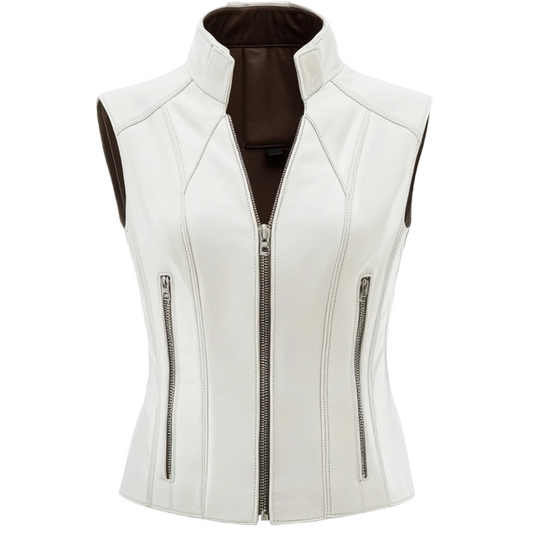 Women's Sleek White Leather Vest with High Collar