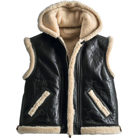 Women's Black Shearling Leather Vest with Hood