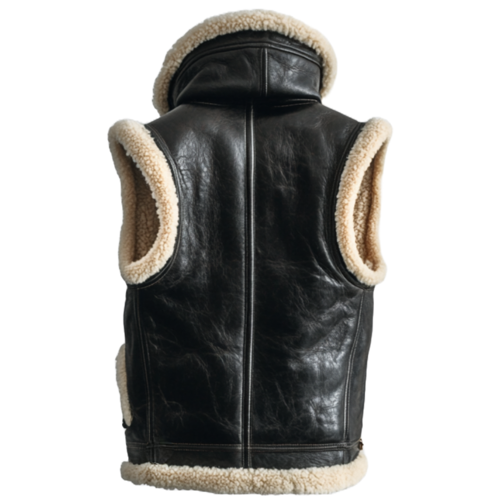 Women's Black Shearling Leather Vest with Hood