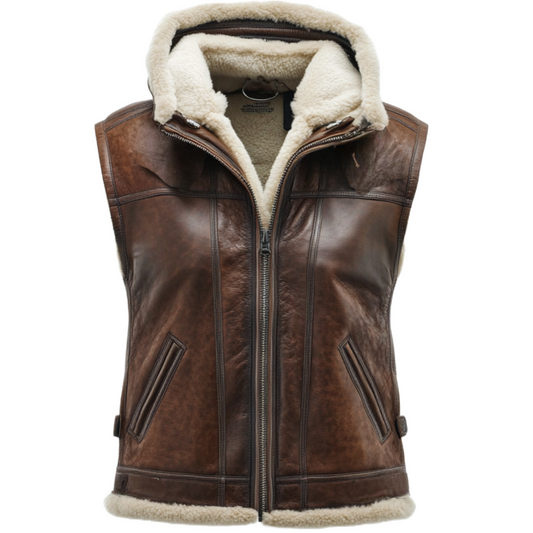 Women's Premium Brown Leather Vest with Shearling Lining and Hood