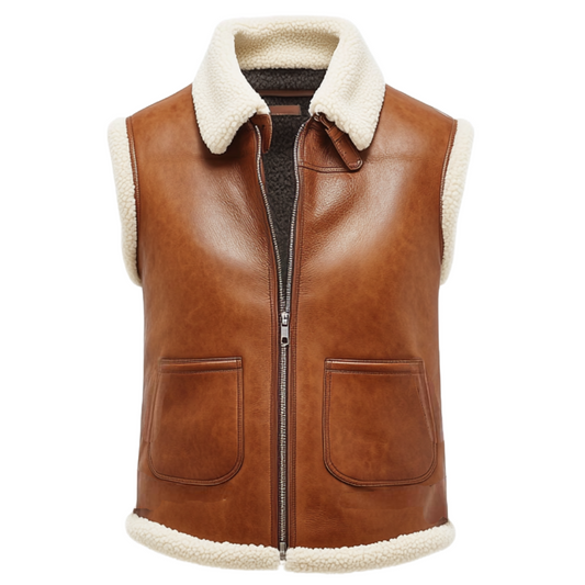 Luxurious Women’s Tan Leather Vest with Shearling Trim