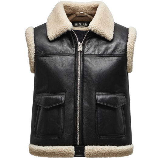 Stylish Black Leather Vest for Women with Plush Shearling Collar