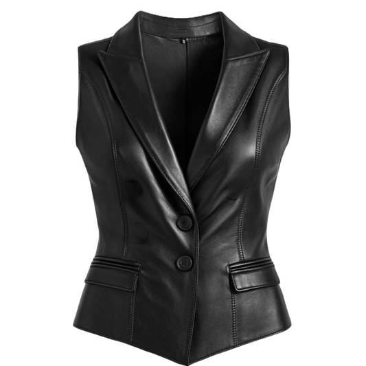 Sleek Black Women's Leather Vest with Tailored Fit and Button Closure