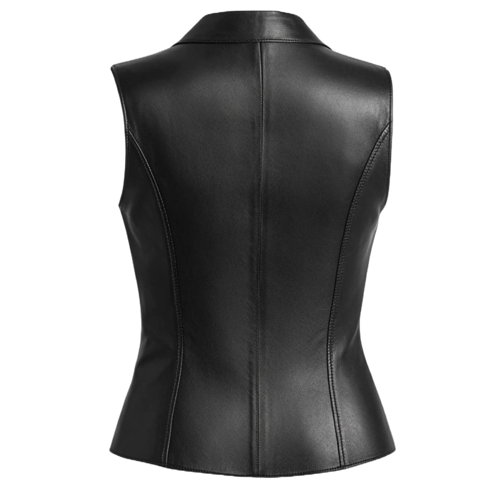 Sleek Black Women's Leather Vest with Tailored Fit and Button Closure