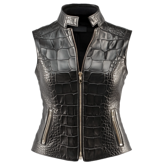 Elegant Women's Black Crocodile-Embossed Leather Vest