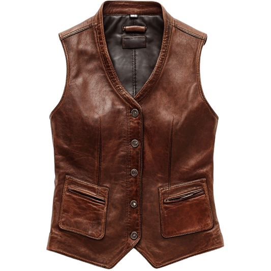 Women's Classic Brown Leather Button-Up Vest