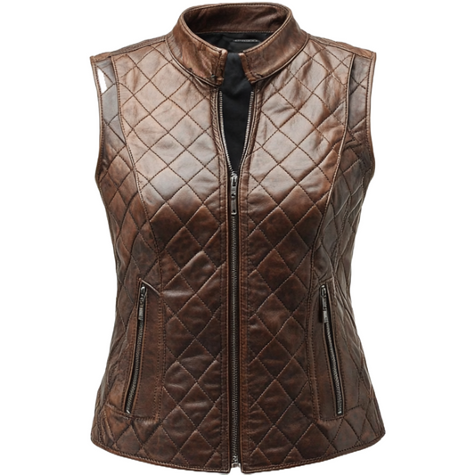 Vintage-Style Quilted Brown Leather Vest for Women