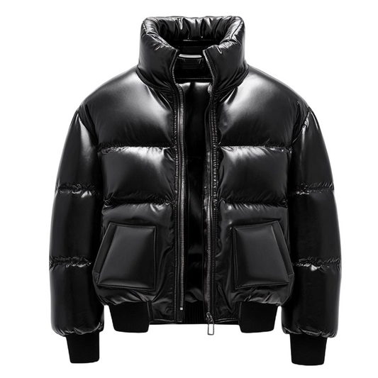 Men's Shiny Black Puffer Leather Jacket