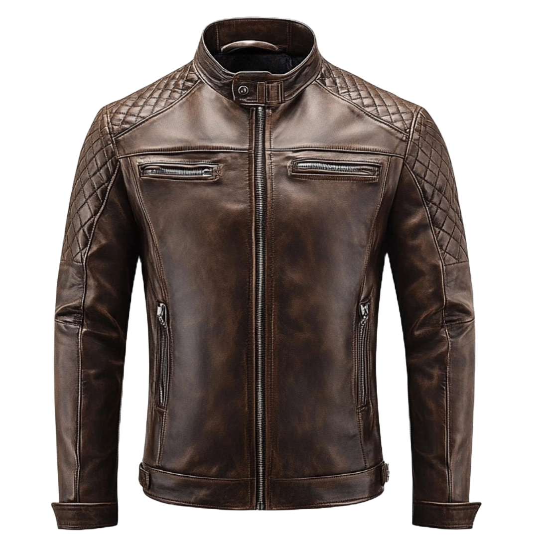 Men's Distressed Brown Leather Jacket with Quilted Shoulders