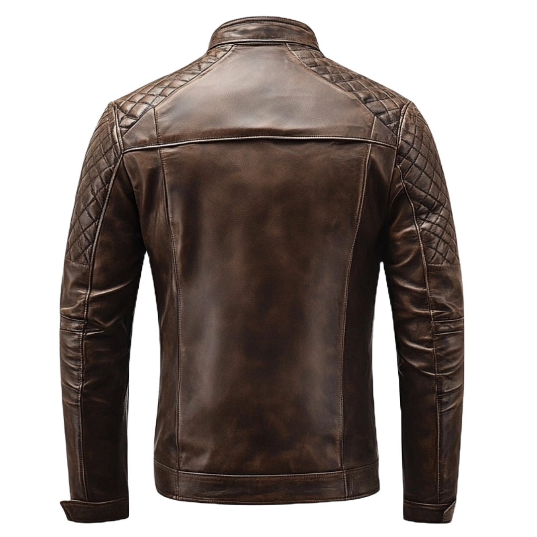 Men's Distressed Brown Leather Jacket with Quilted Shoulders