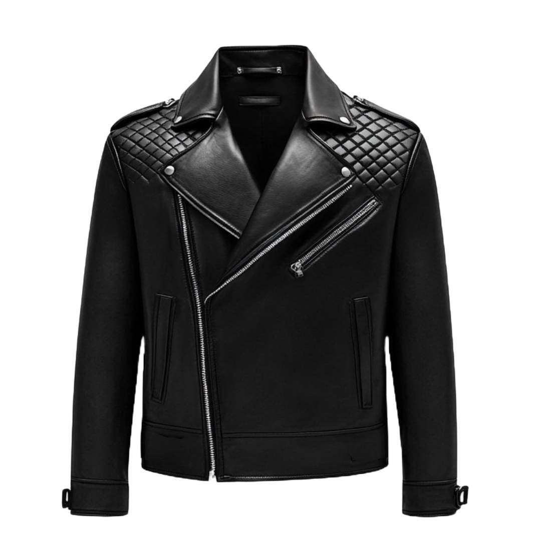 Men's Black Quilted Shoulder Leather Moto Jacket