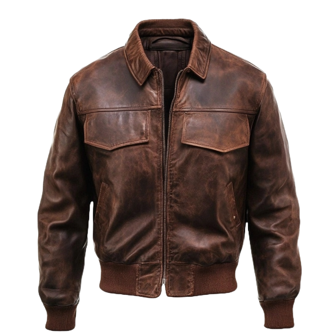 Men's Classic Brown Distressed Leather Bomber Jacket