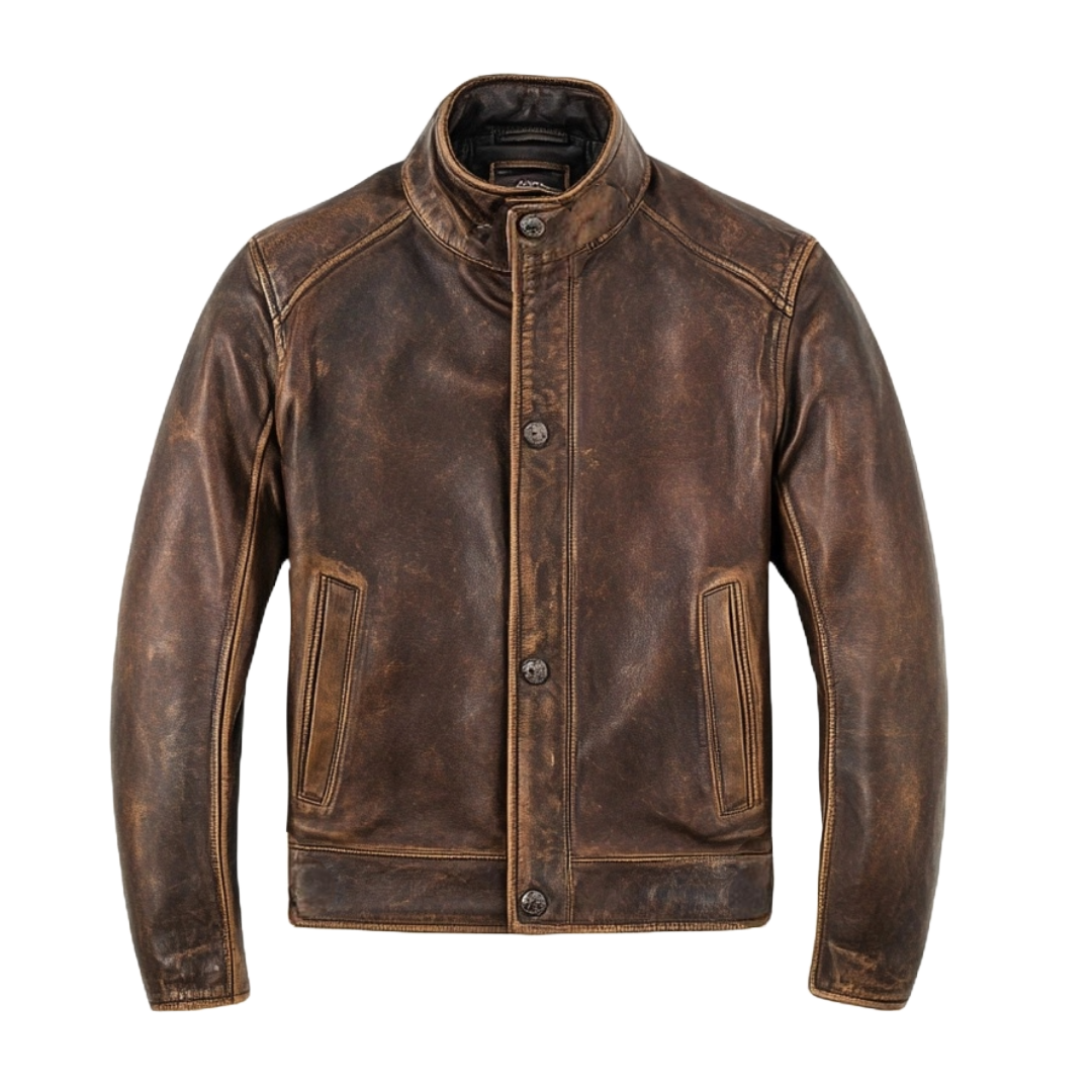 Men's Antique Brown High-Neck Moto Leather Jacket