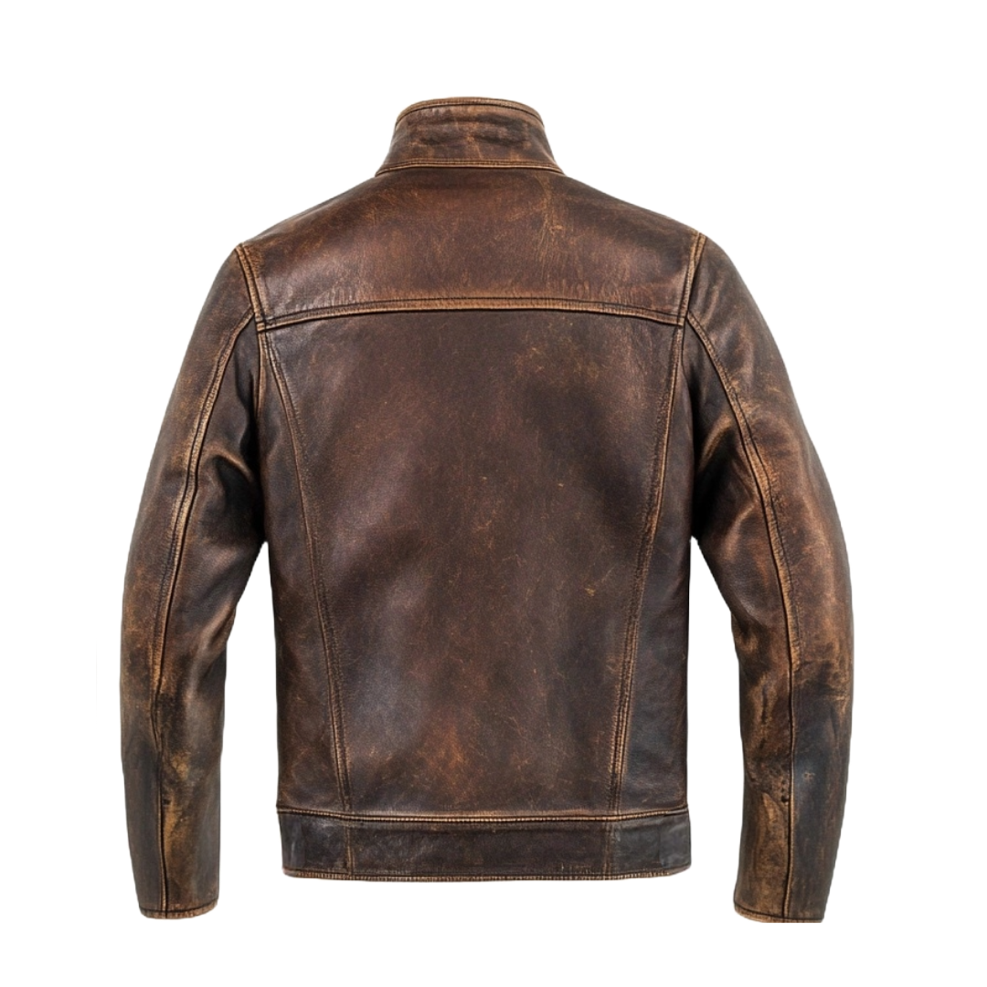 Men's Antique Brown High-Neck Moto Leather Jacket