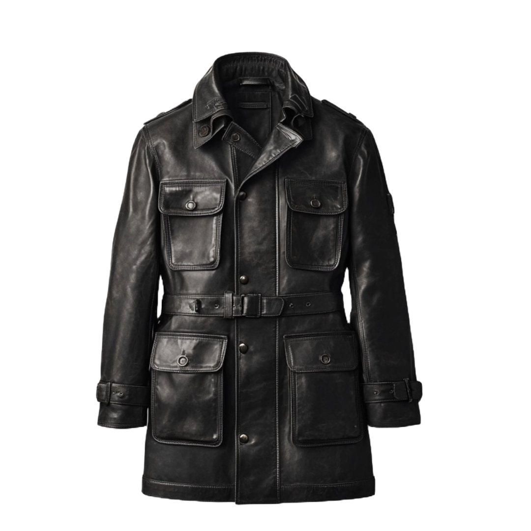 Men's Black Leather Utility Coat with Belted Waist