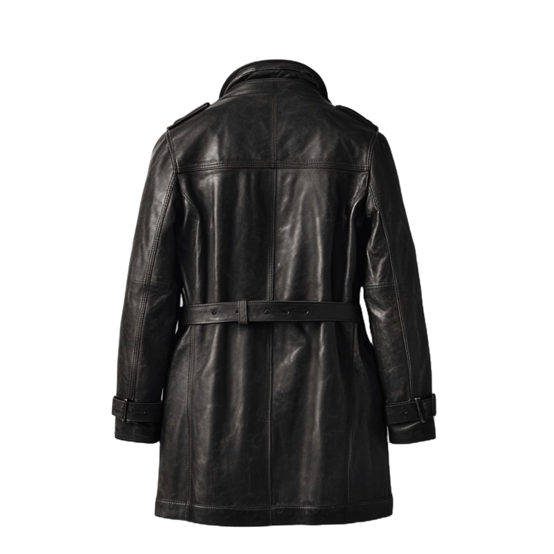 Men's Black Leather Utility Coat with Belted Waist