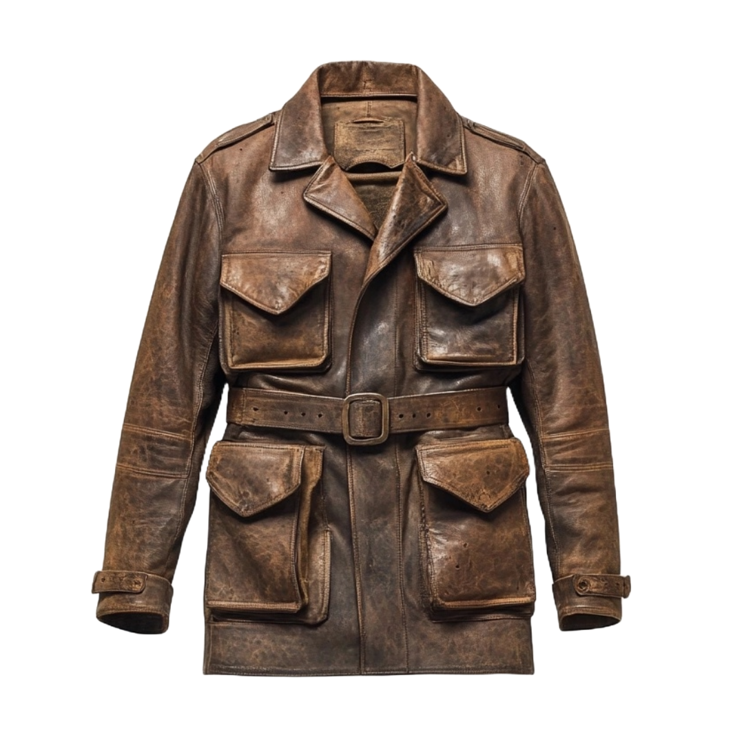 Men’s Vintage Brown Distressed Leather Field Jacket with Belt