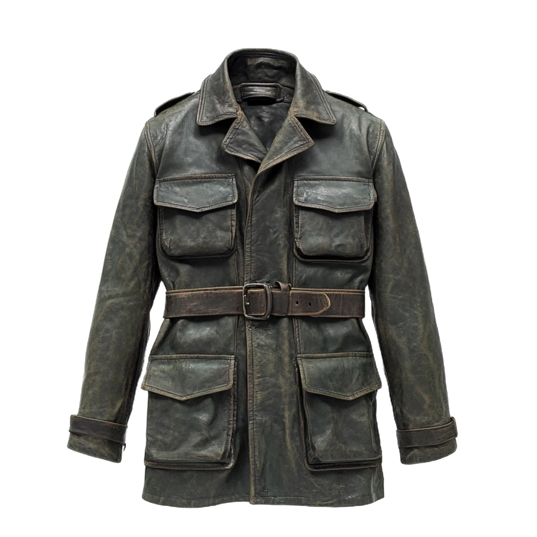 Men's Vintage Green Leather Field Jacket with Belted Waist